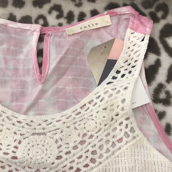 Entro Boho Lace Crochet Front Tie Dye Tank Dress in Pink & Cream Size Medium - Picture 5 of 16